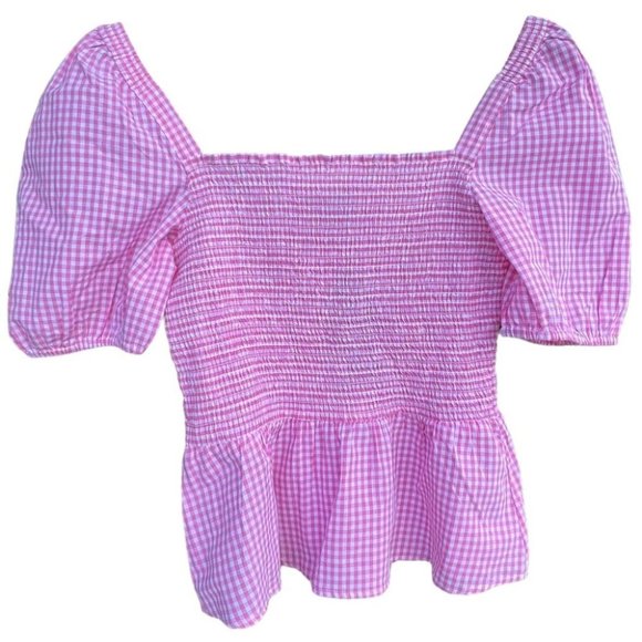 NWT French Connection gingham Artina SS Smocked Top - Picture 3 of 8